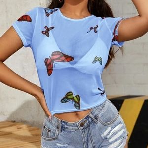 NWOT baby blue butterfly print mesh top